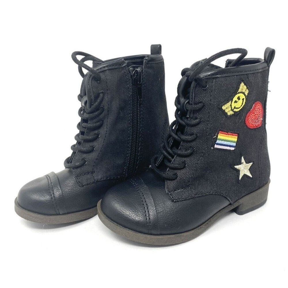 MIA‎ Toddler Black Boots - Rainbow Star Heart Happy Face Emoji Patch - Zip